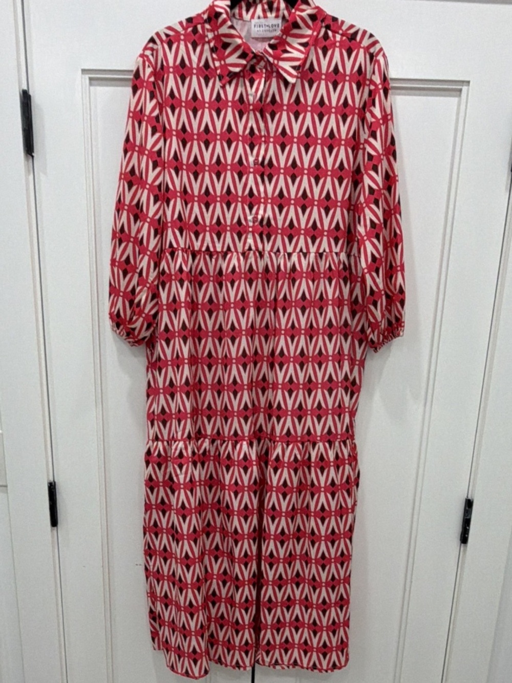 First Love by Lovelyn Women's Satin Shirt Dress S Pink Brown Geometric Collared